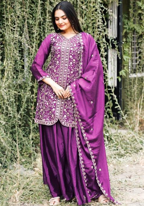 Wine Embroidered Silk Sharara Set — view on Indya