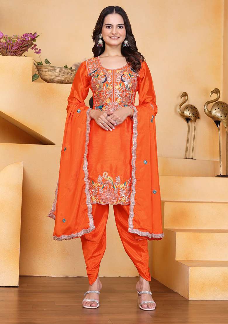 Orange Embroidered Silk Blend Punjabi Suit - Indya