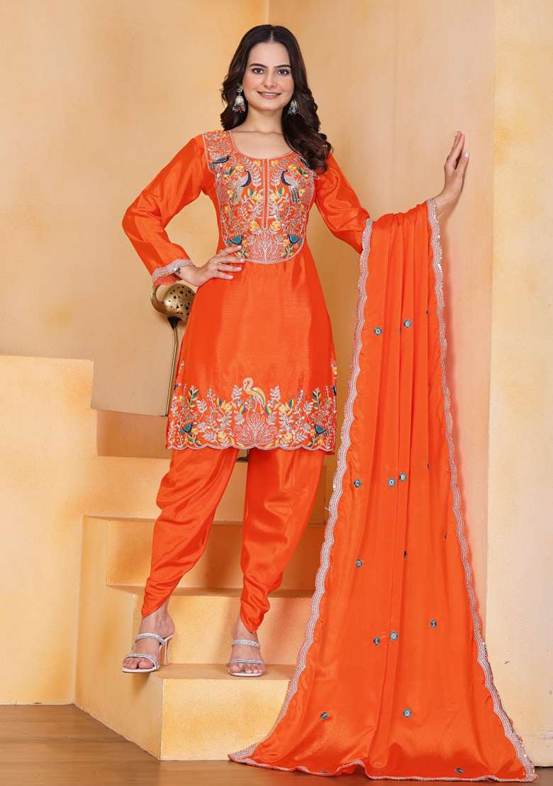Orange Embroidered Silk Blend Punjabi Suit - Indya