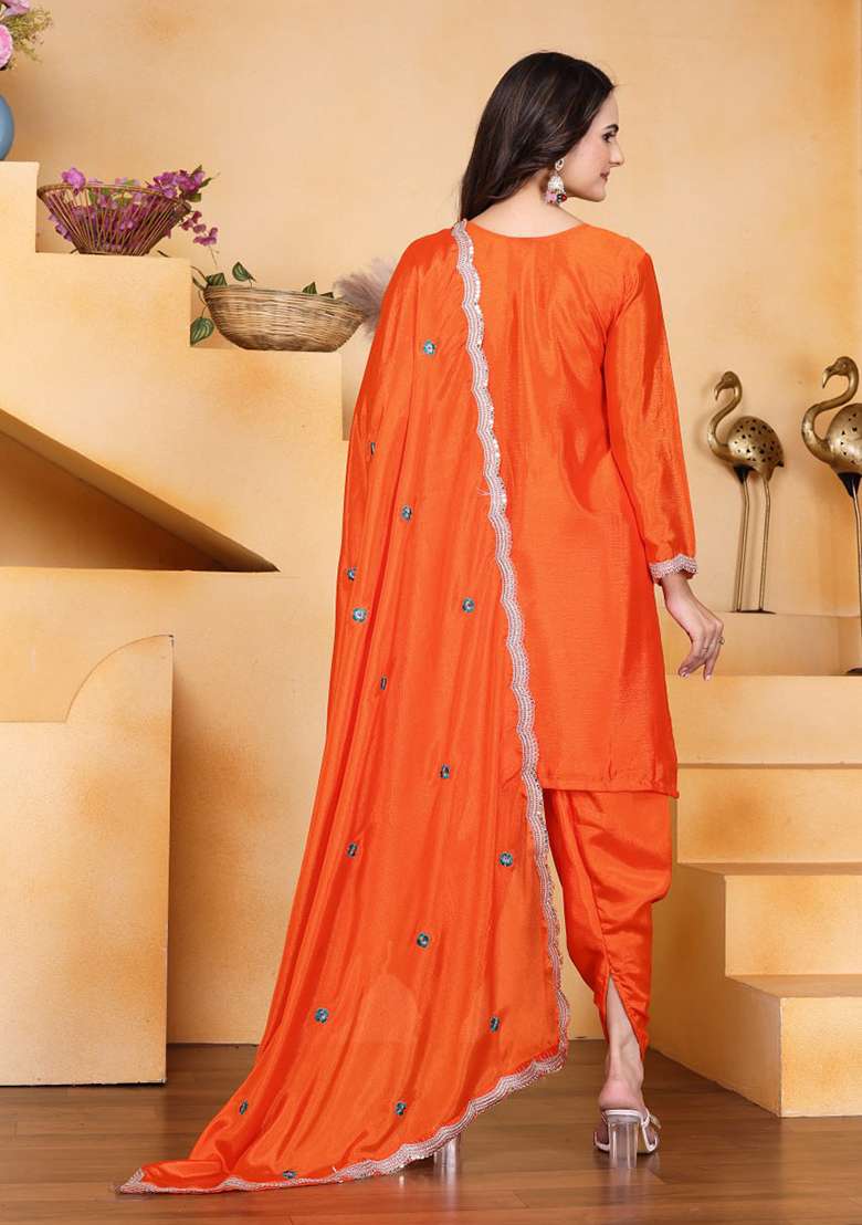 Orange Embroidered Silk Blend Punjabi Suit - Indya