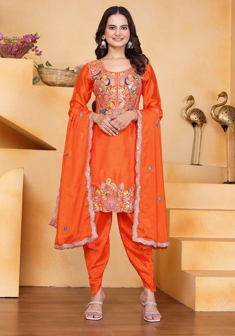 Orange Embroidered Silk Punjabi Suit — view on Indya