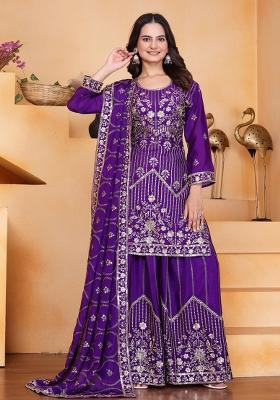 Violet Embroidered Silk Blend Sharara Set