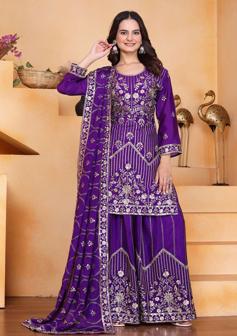 Violet Embroidered Silk Blend Sharara Set - Indya