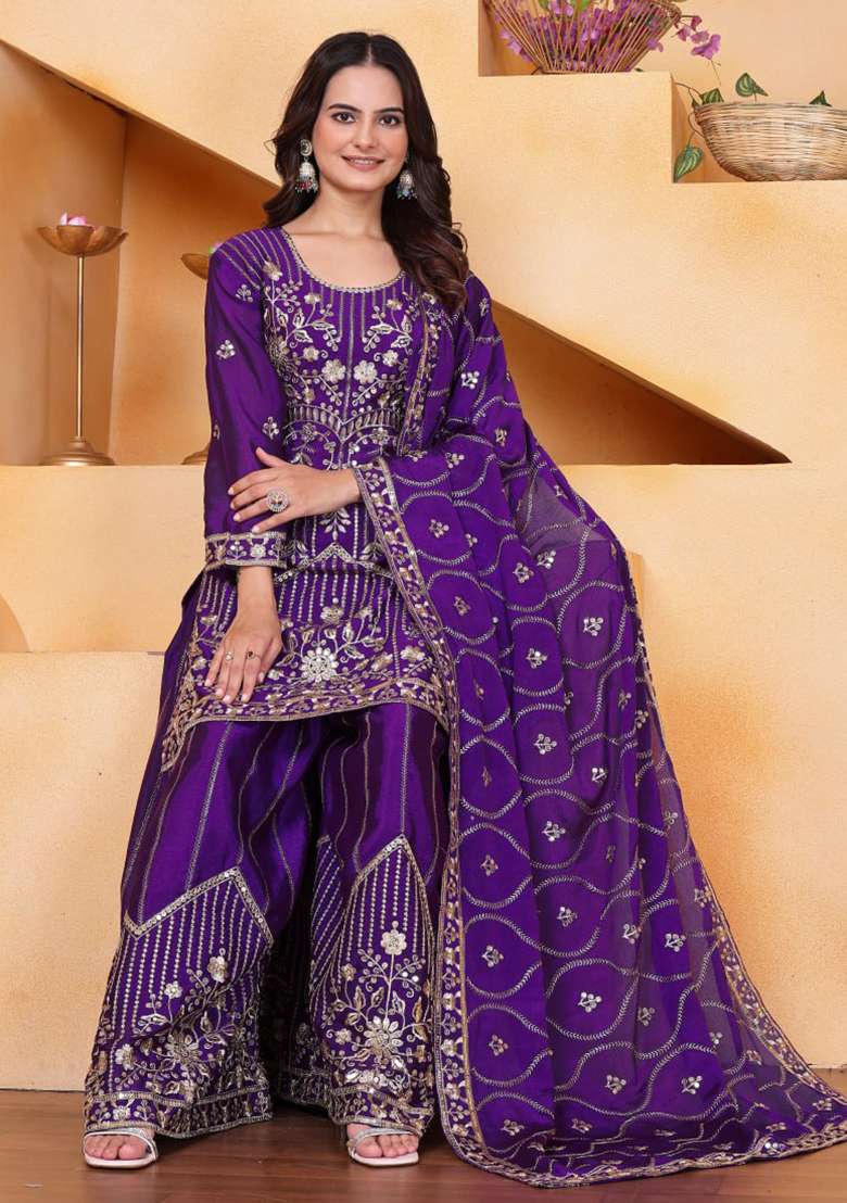 Violet Embroidered Silk Blend Sharara Set - Indya