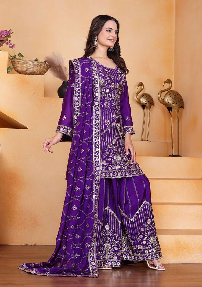 Violet Embroidered Silk Blend Sharara Set - Indya