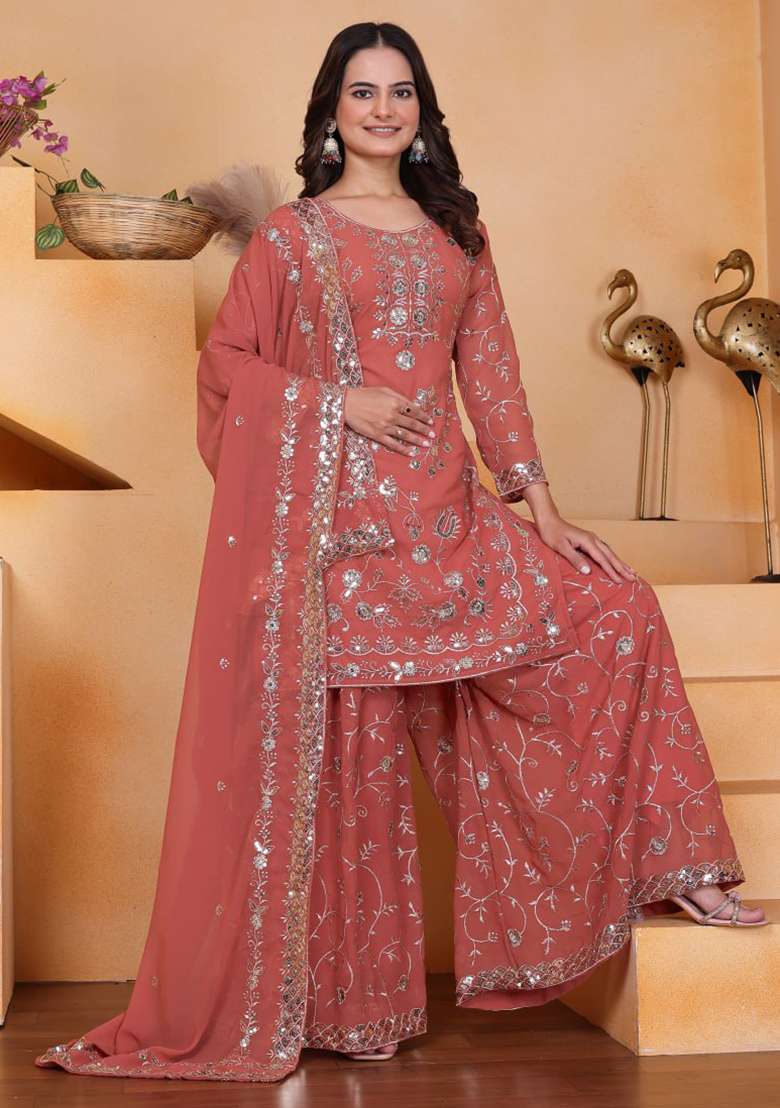 Peach Embroidered Georgette Sharara Set - Indya
