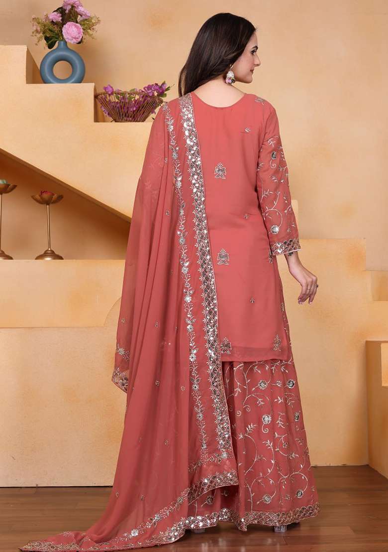 Peach Embroidered Georgette Sharara Set - Indya