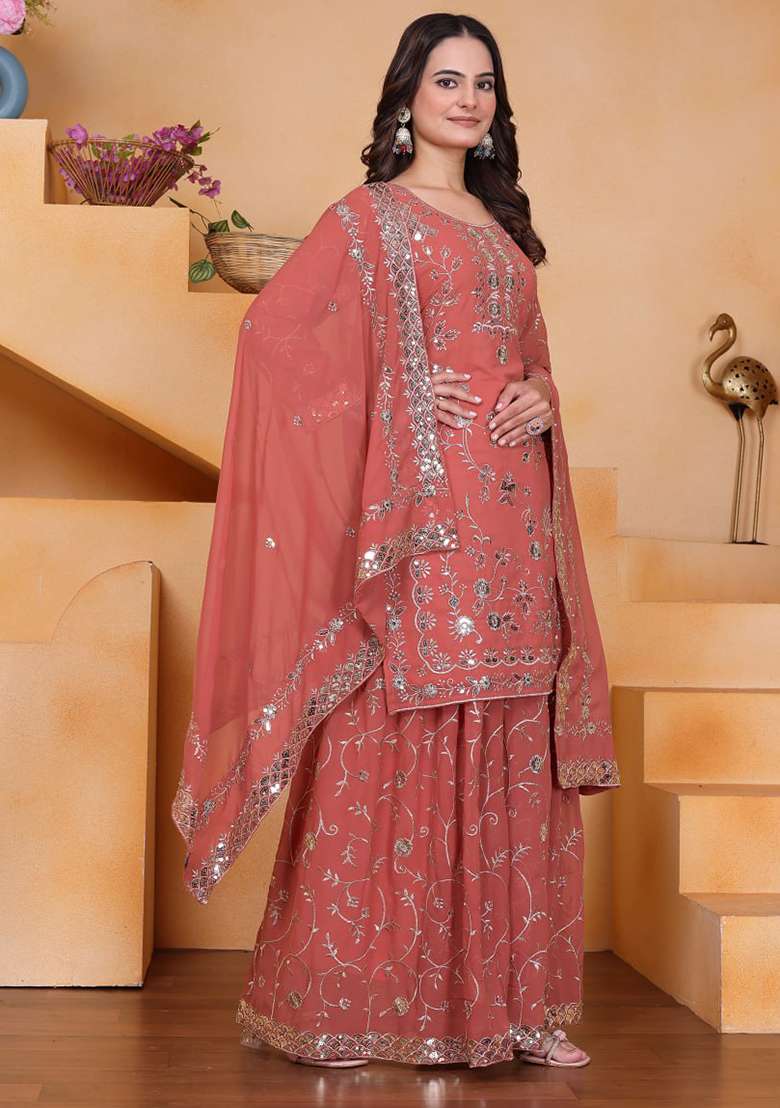 Peach Embroidered Georgette Sharara Set - Indya