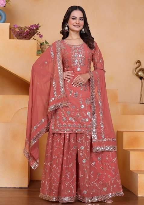 Peach Embroidered Georgette Sharara Set
