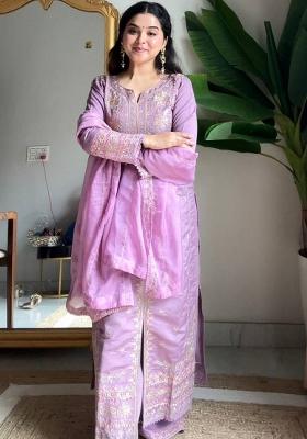 lavender Embroidered Silk Kurta Set