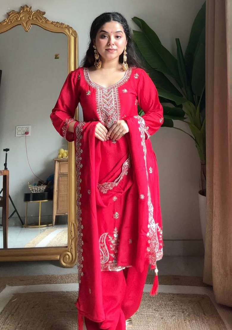 Red Embroidered Silk Kurta Set - Indya