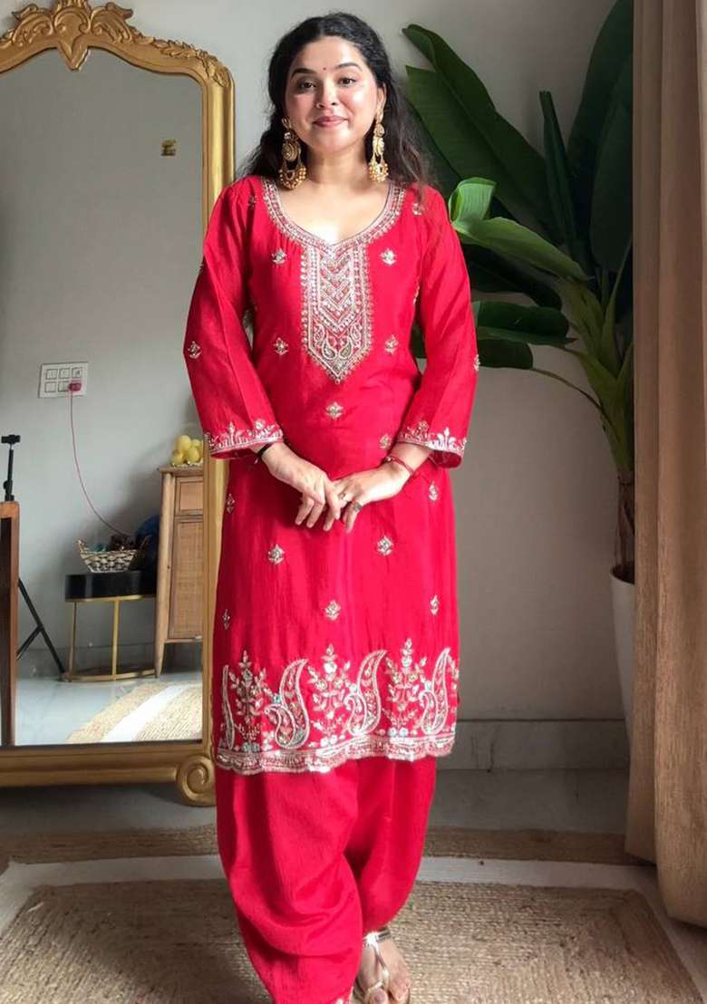 Red Embroidered Silk Kurta Set - Indya