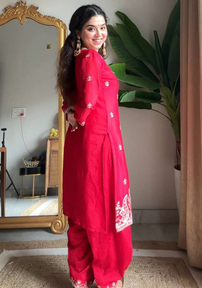 Red Embroidered Silk Kurta Set - Indya