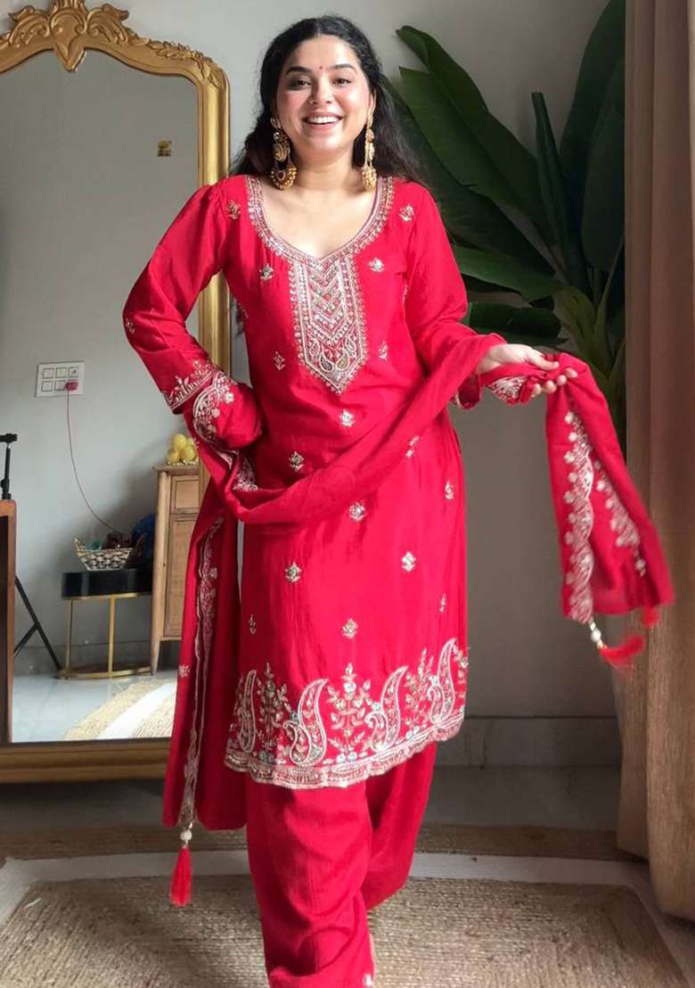 Red Embroidered Silk Kurta Set - Indya