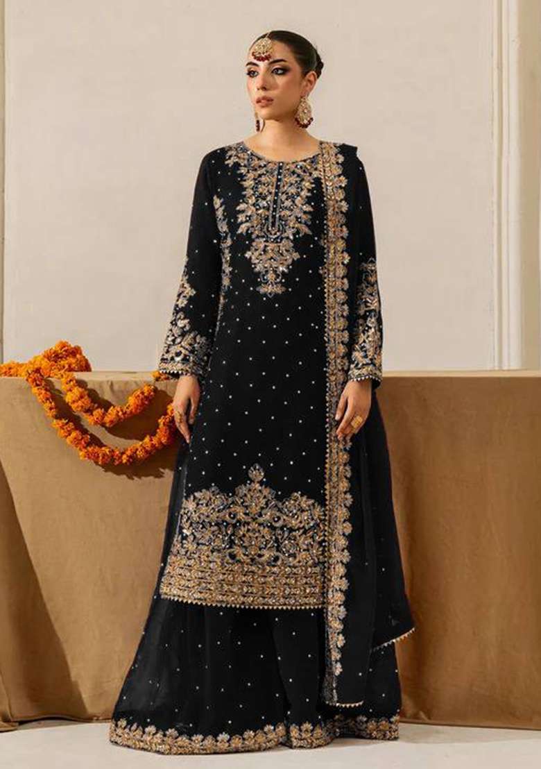Black Embroidered Georgette Sharara Set - Indya