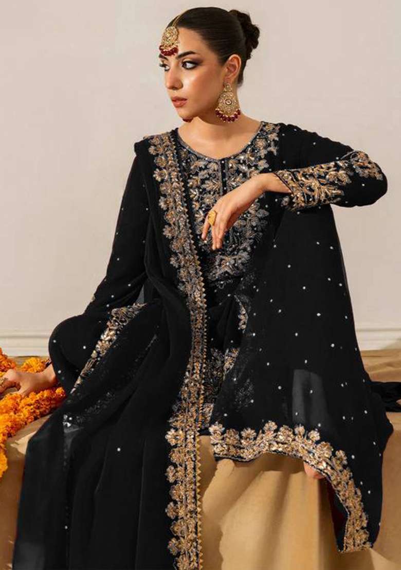 Black Embroidered Georgette Sharara Set - Indya