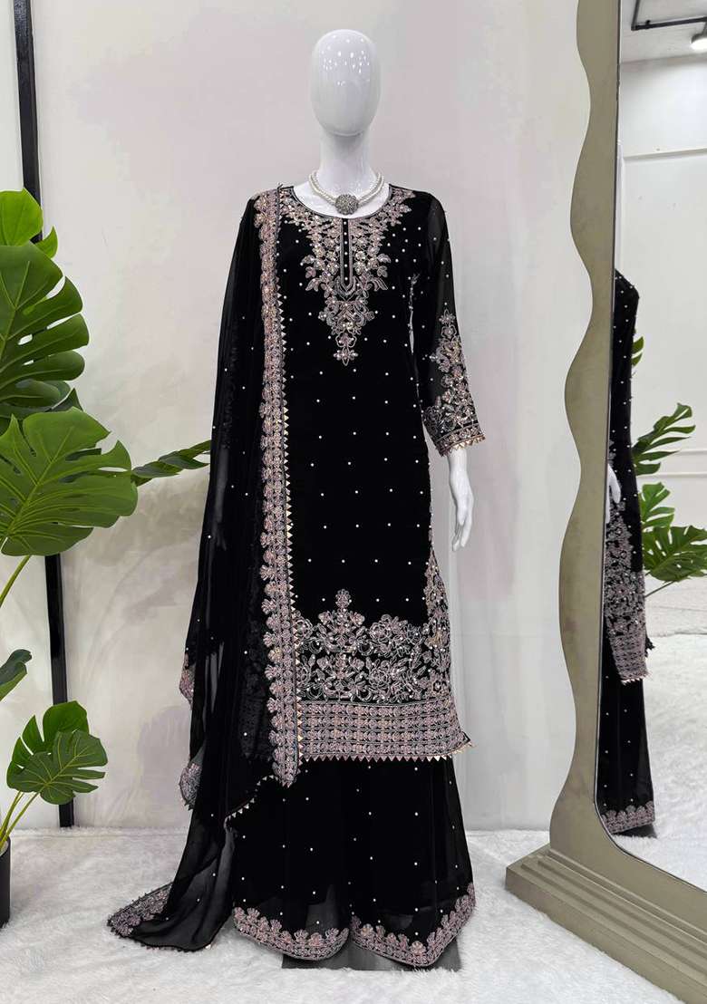 Black Embroidered Georgette Sharara Set - Indya