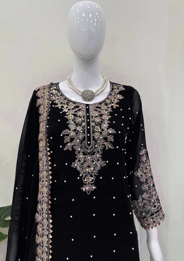 Black Embroidered Georgette Sharara Set - Indya