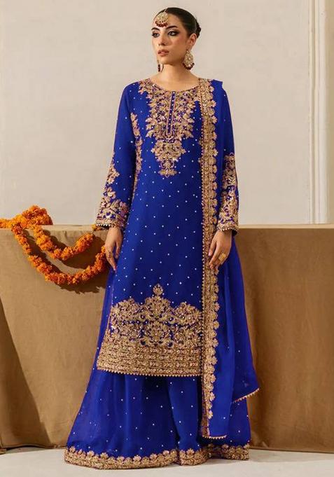 Blue Embroidered Georgette Sharara Set — view on Indya