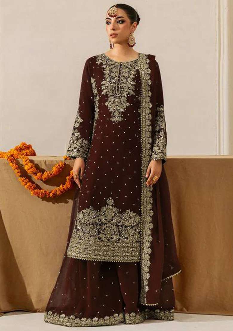 Coffee Sequence Georgette Kurta Set - Indya
