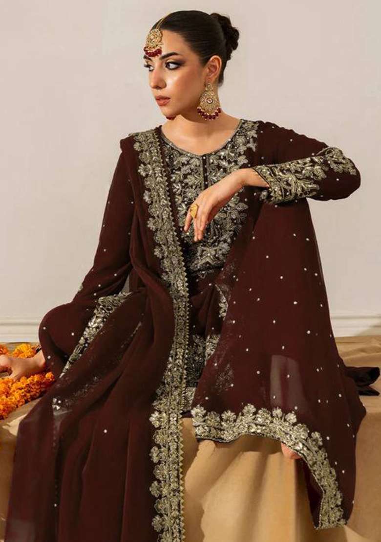 Coffee Sequence Georgette Kurta Set - Indya