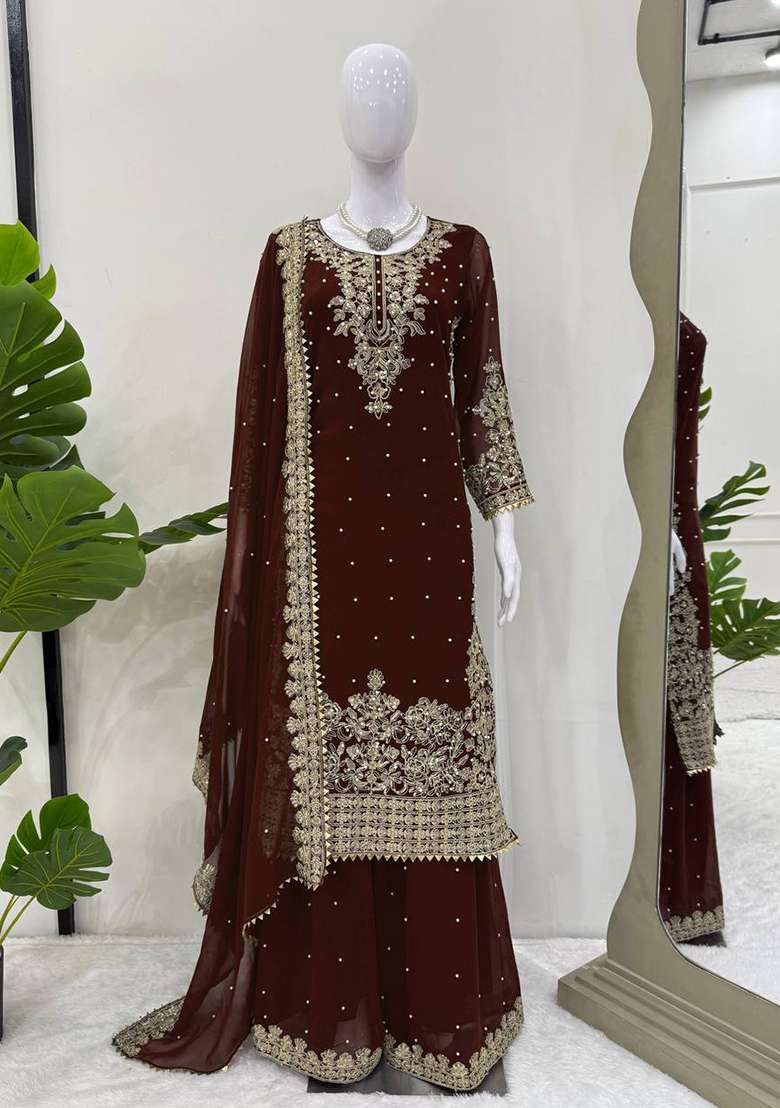 Coffee Sequence Georgette Kurta Set - Indya