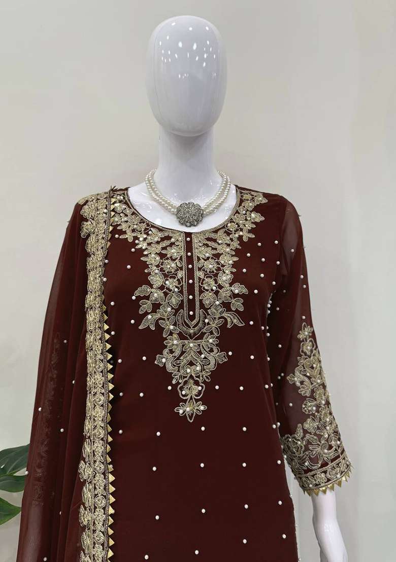 Coffee Sequence Georgette Kurta Set - Indya