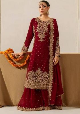 Maroon Embroidered Georgette Sharara Set