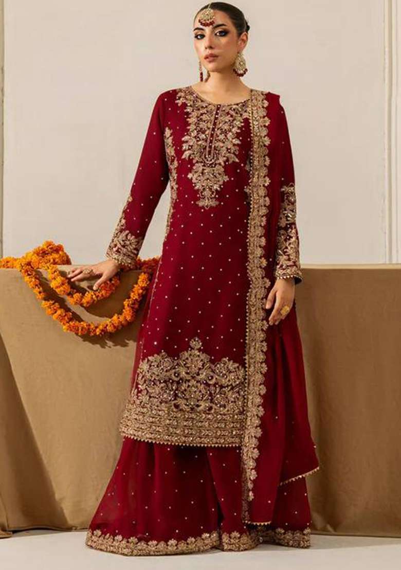 Maroon Embroidered Georgette Sharara Set - Indya