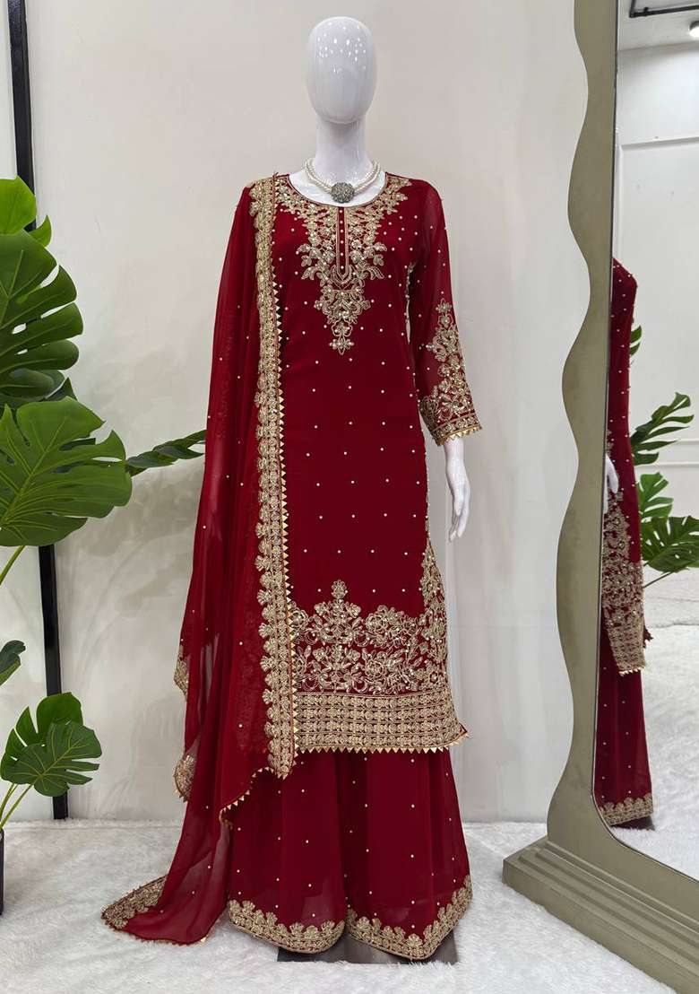 Maroon Embroidered Georgette Sharara Set - Indya