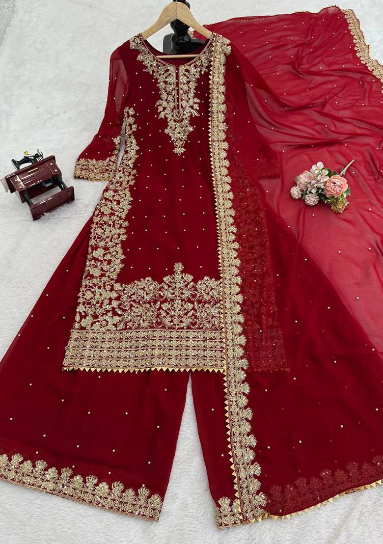 Maroon Embroidered Georgette Sharara Set - Indya