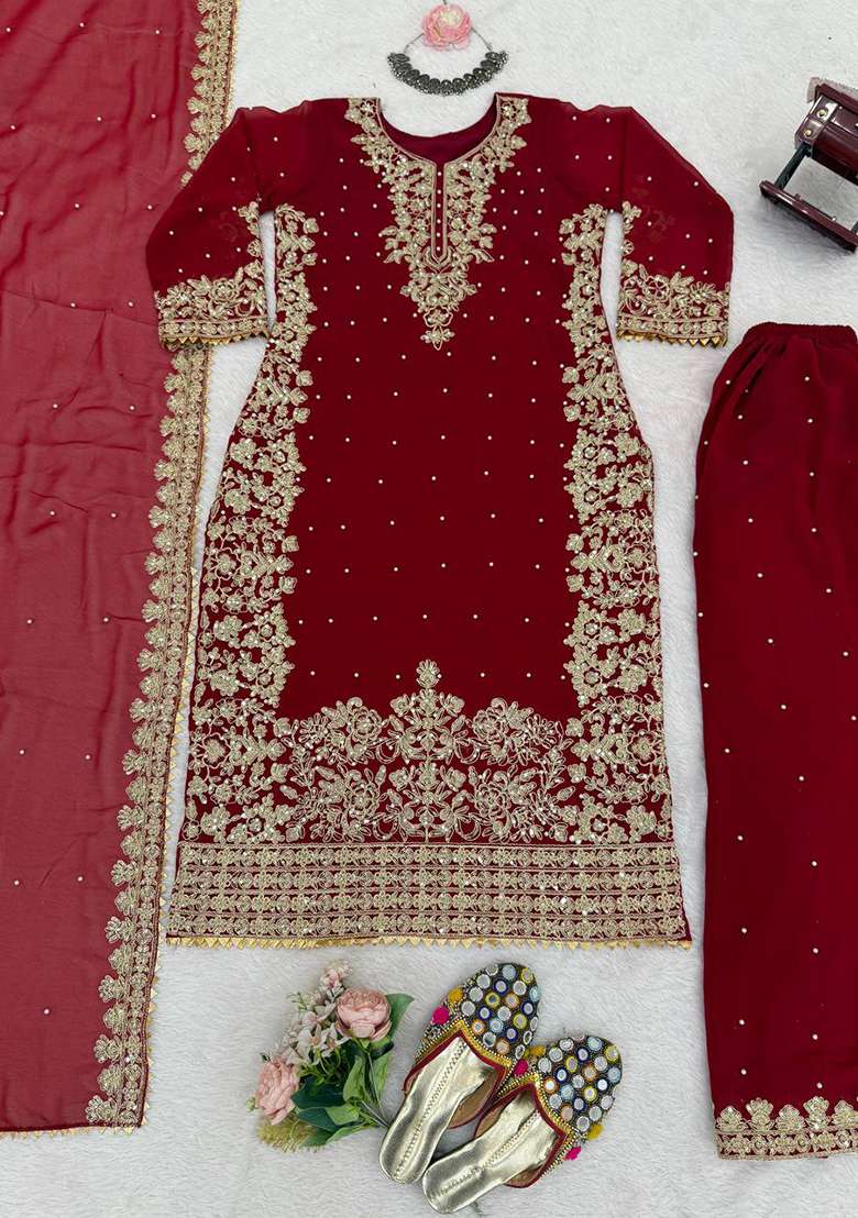 Maroon Embroidered Georgette Sharara Set - Indya