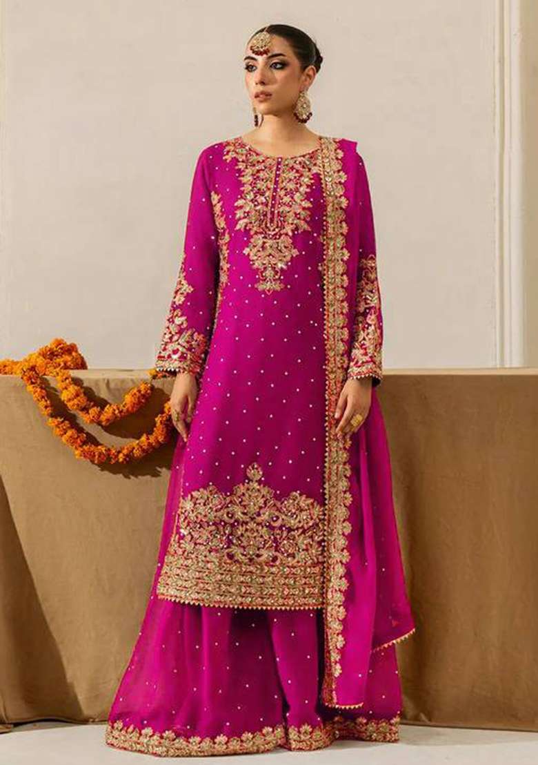 Pink Embroidered Georgette Sharara Set - Indya