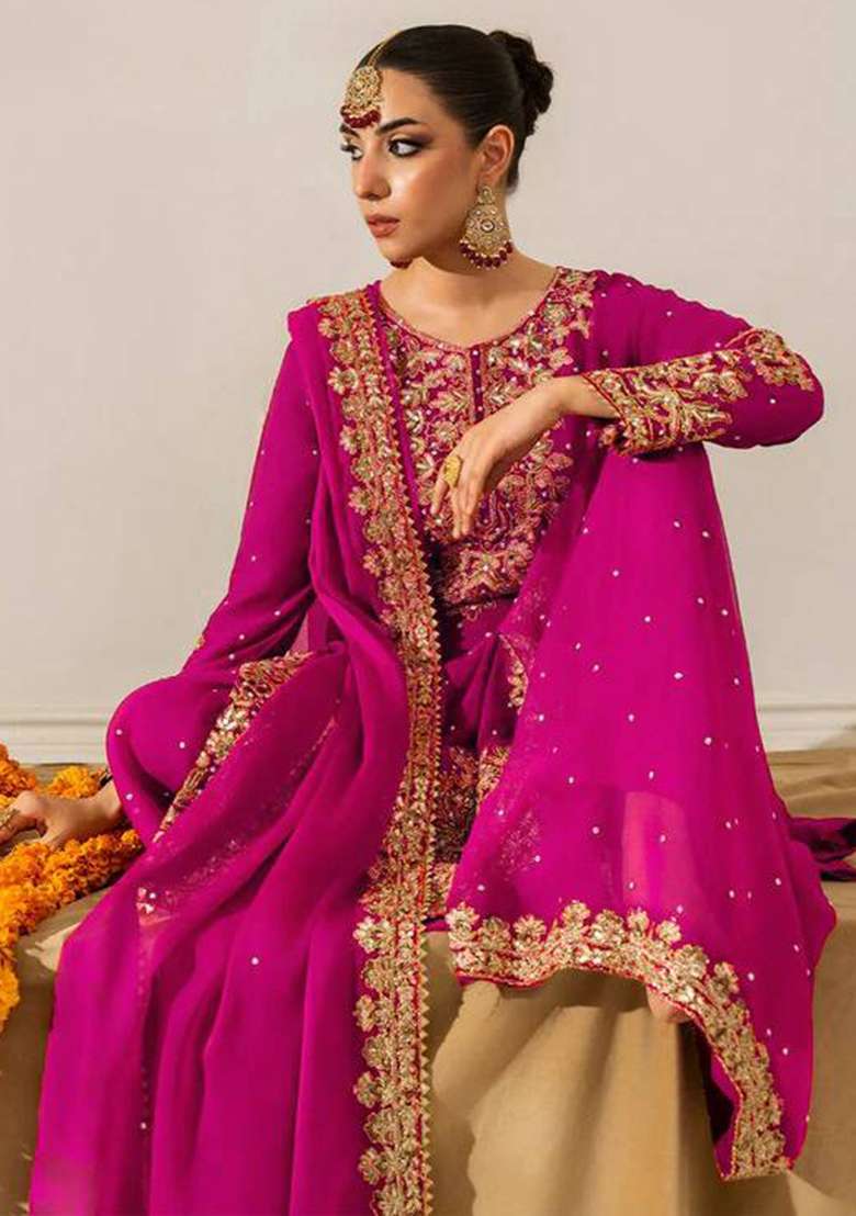 Pink Embroidered Georgette Sharara Set - Indya