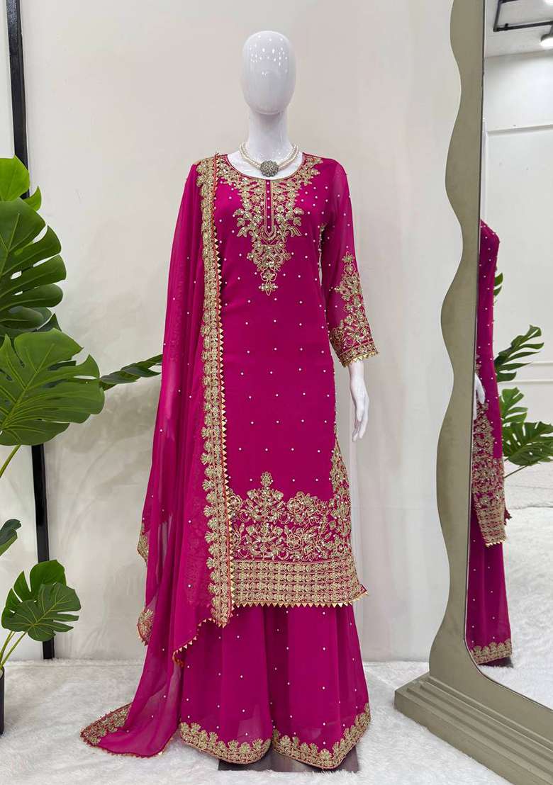 Pink Embroidered Georgette Sharara Set - Indya