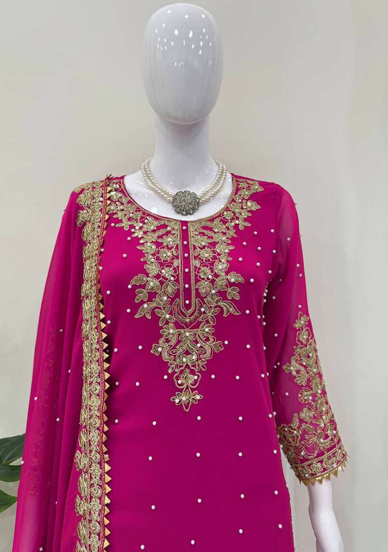 Pink Embroidered Georgette Sharara Set - Indya