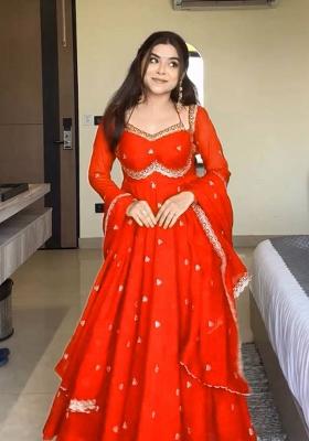 Red Embroidered Georgette Anarkali Set