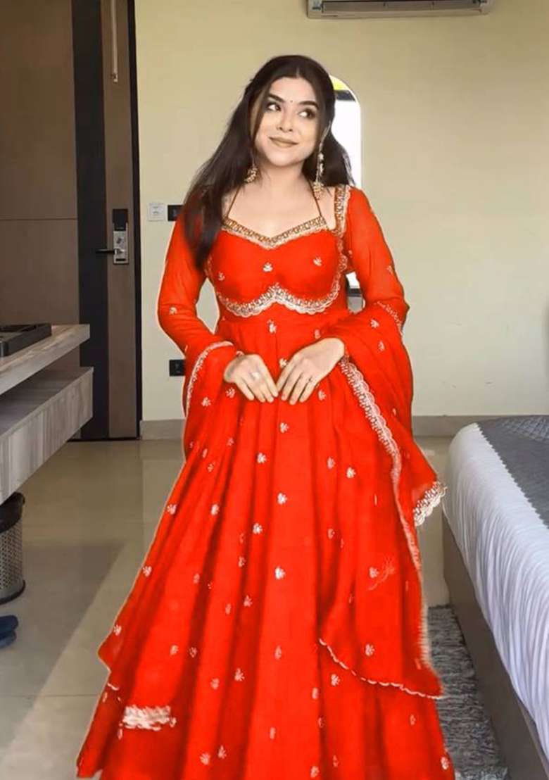 Red Embroidered Georgette Anarkali Set - Indya