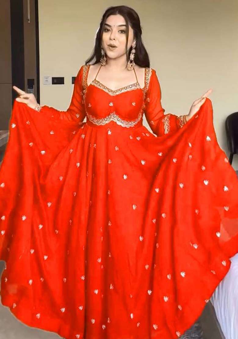 Red Embroidered Georgette Anarkali Set - Indya