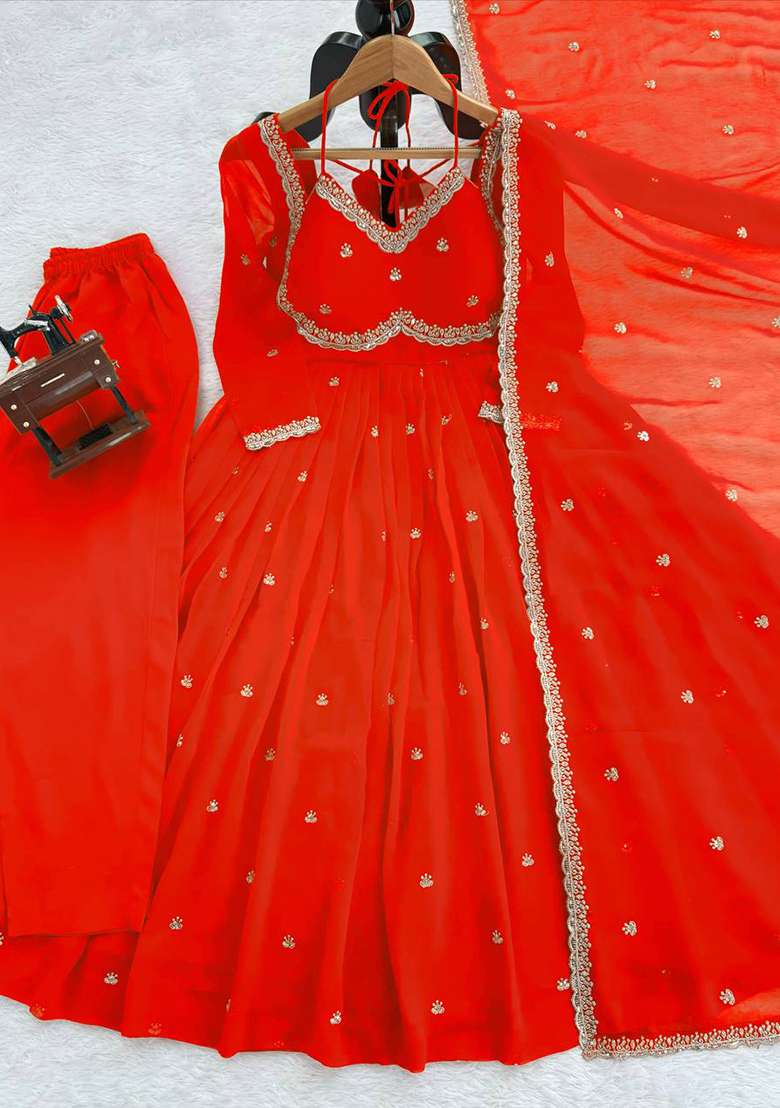 Red Embroidered Georgette Anarkali Set - Indya