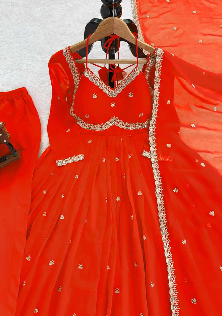 Red Embroidered Georgette Anarkali Set - Indya