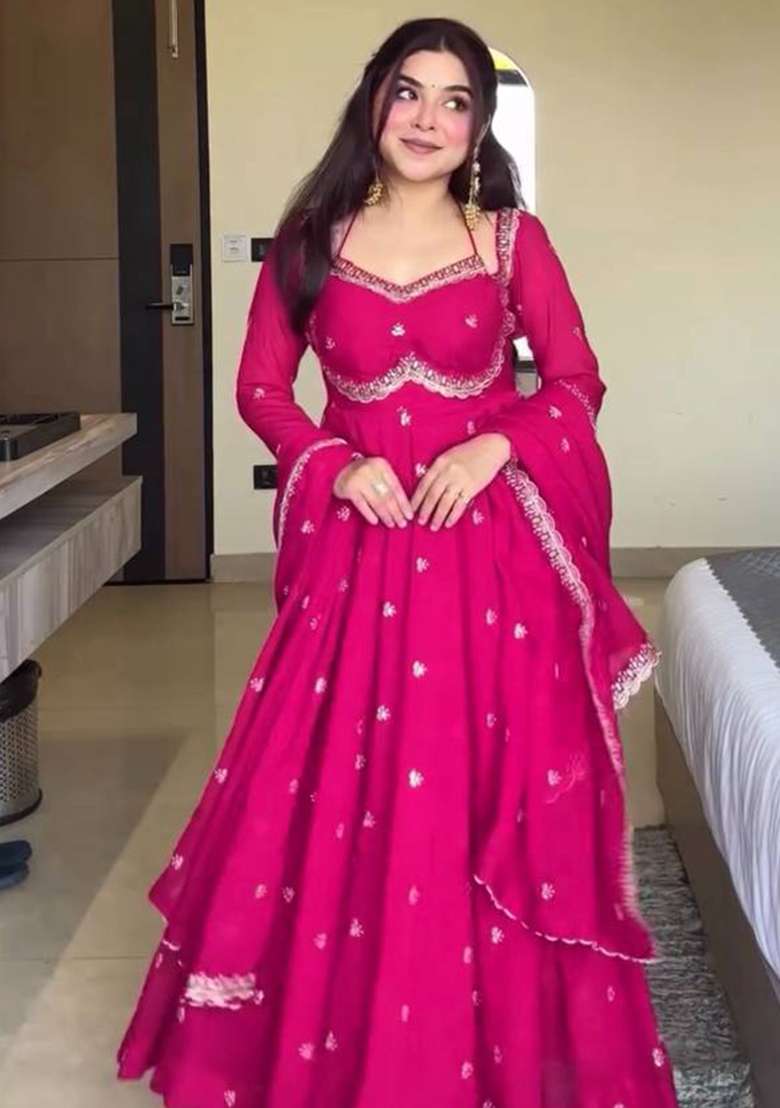Pink Embroidered Georgette Anarkali Set - Indya