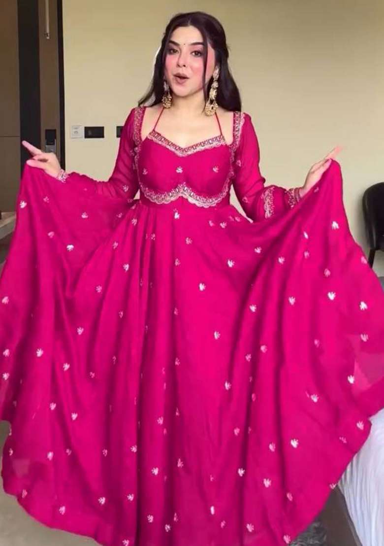 Pink Embroidered Georgette Anarkali Set - Indya