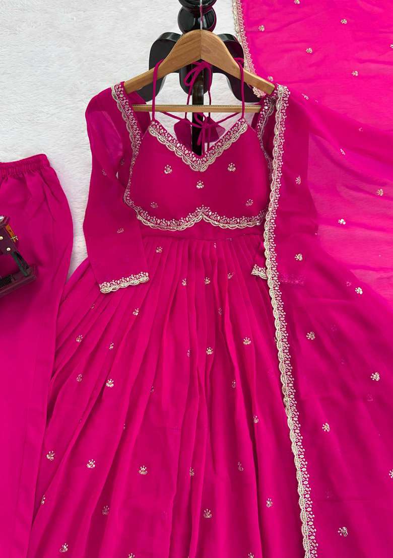 Pink Embroidered Georgette Anarkali Set - Indya
