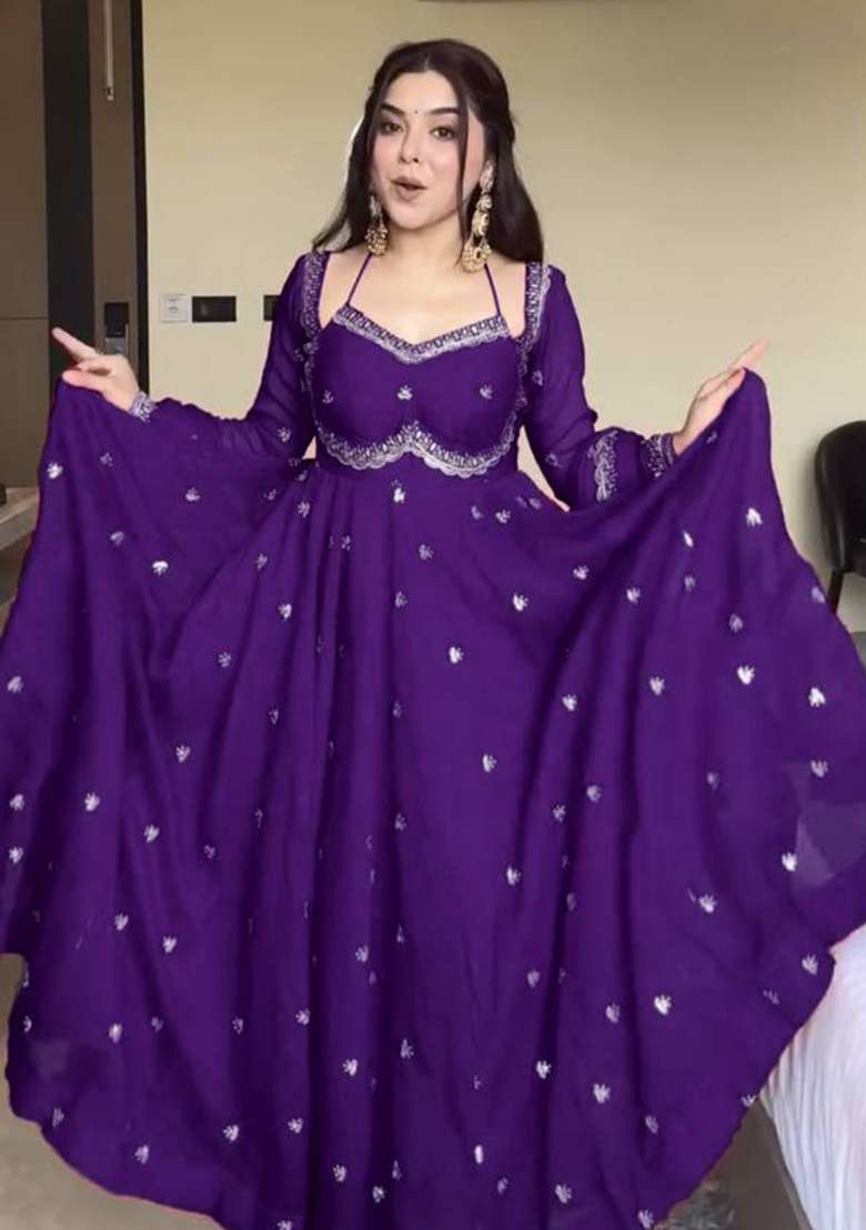 Violet Embroidered Georgette Anarkali Set - Indya