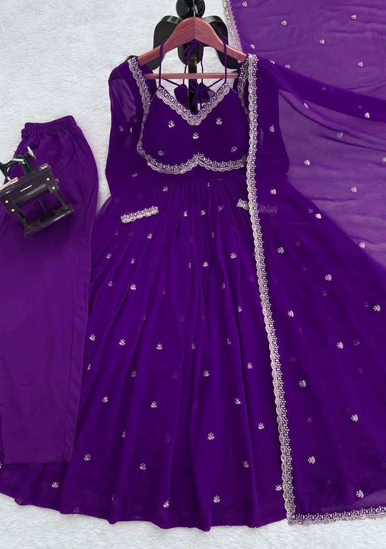 Violet Embroidered Georgette Anarkali Set - Indya