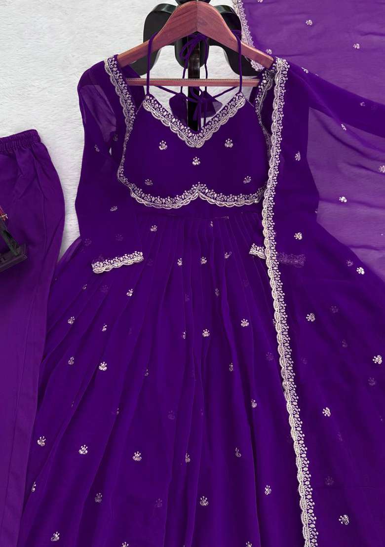 Violet Embroidered Georgette Anarkali Set - Indya