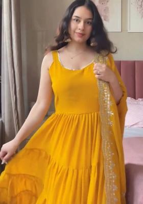 Yellow Lace Work Georgette Kurta With Dupatta