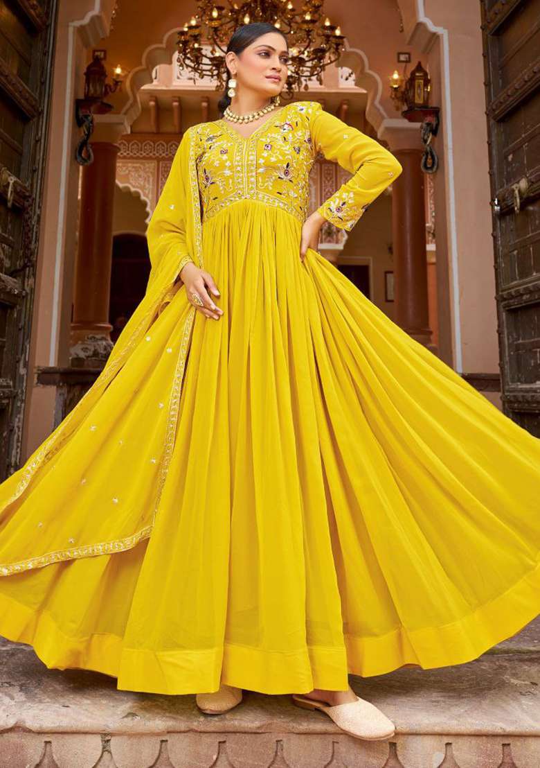 Yellow Sequence Georgette Kurta With Dupatta - Indya
