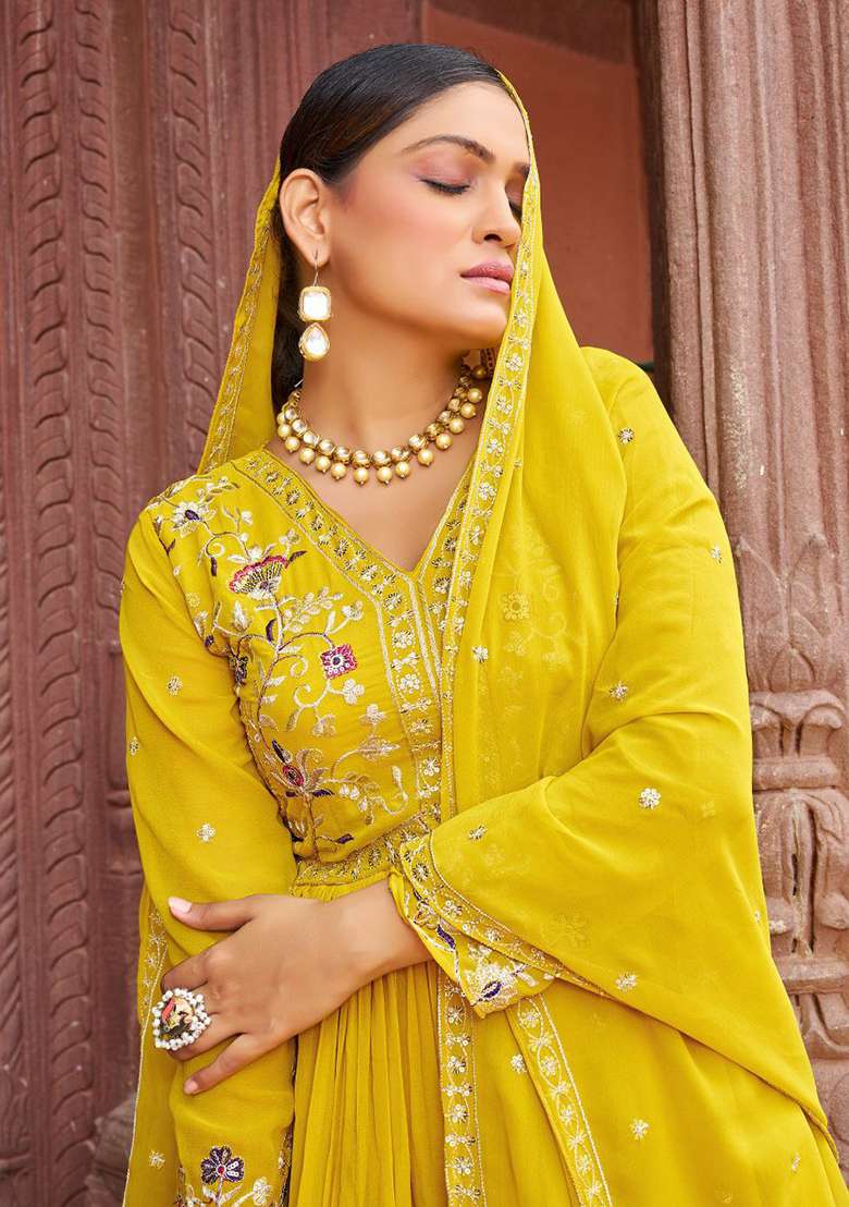 Yellow Sequence Georgette Kurta With Dupatta - Indya